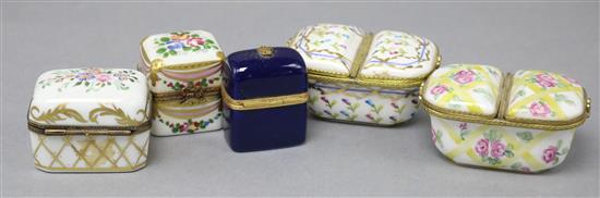 Five Limoges porcelain boxes, various,